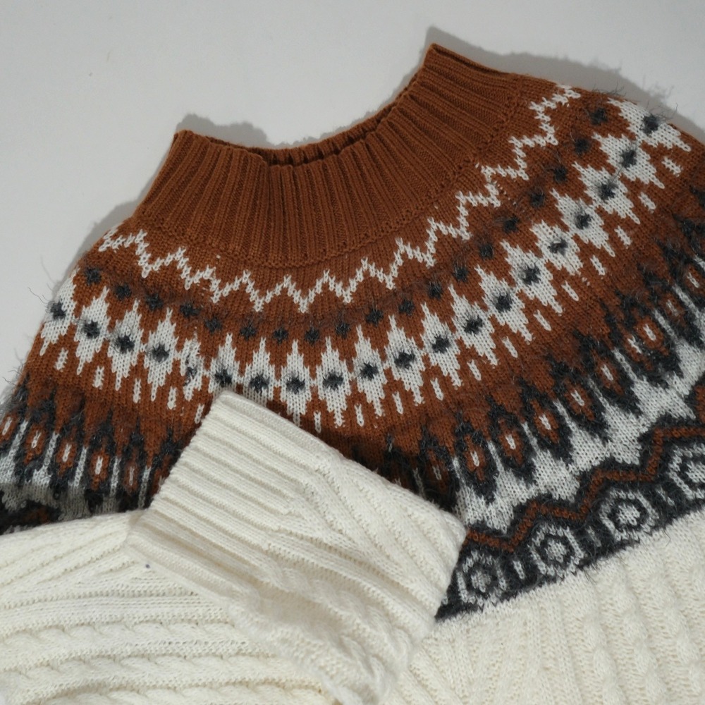 Copper Key Sweater Sz L Cream Fisherman Knit Brown Fair Isle Fuzzy Nordic Cozy